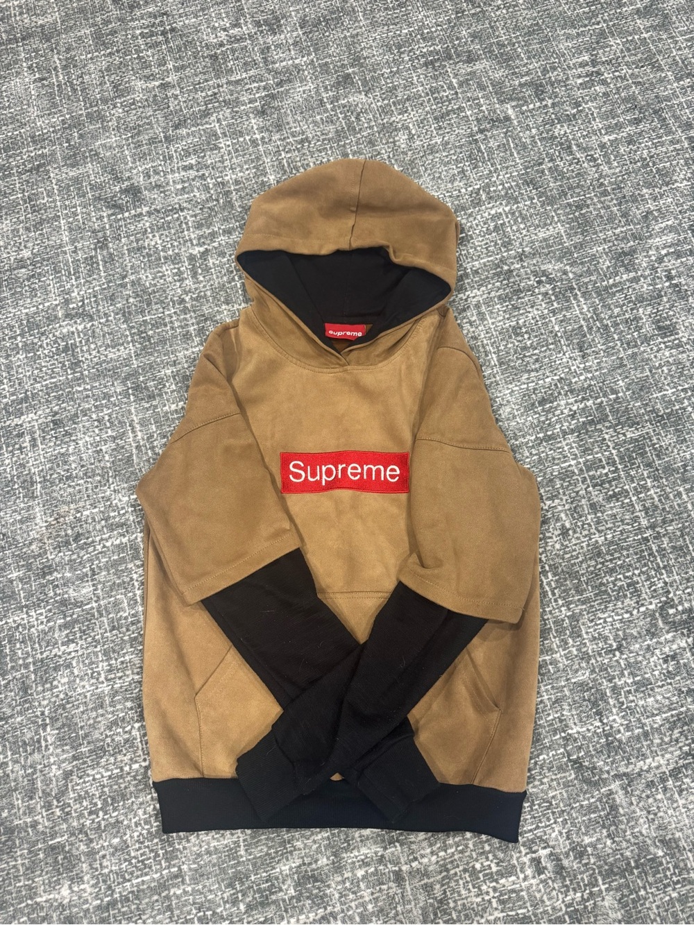 Supreme Black Hoodie with Red Tag and Brown Lining